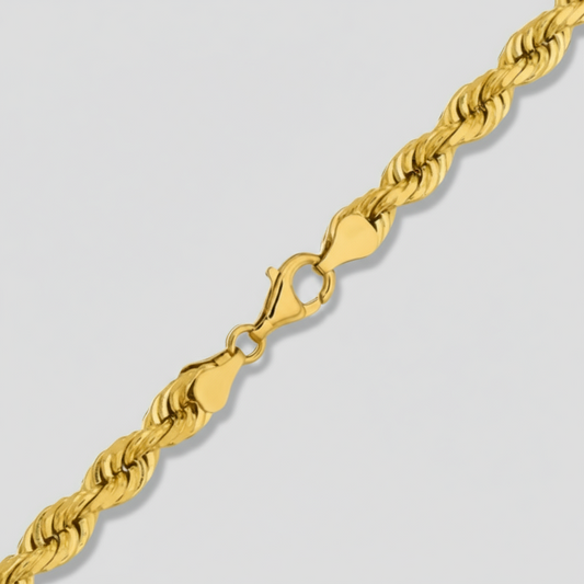 A gold rope chain necklace with a clasp, displayed against a neutral background with a blurred greenery in the top right corner.