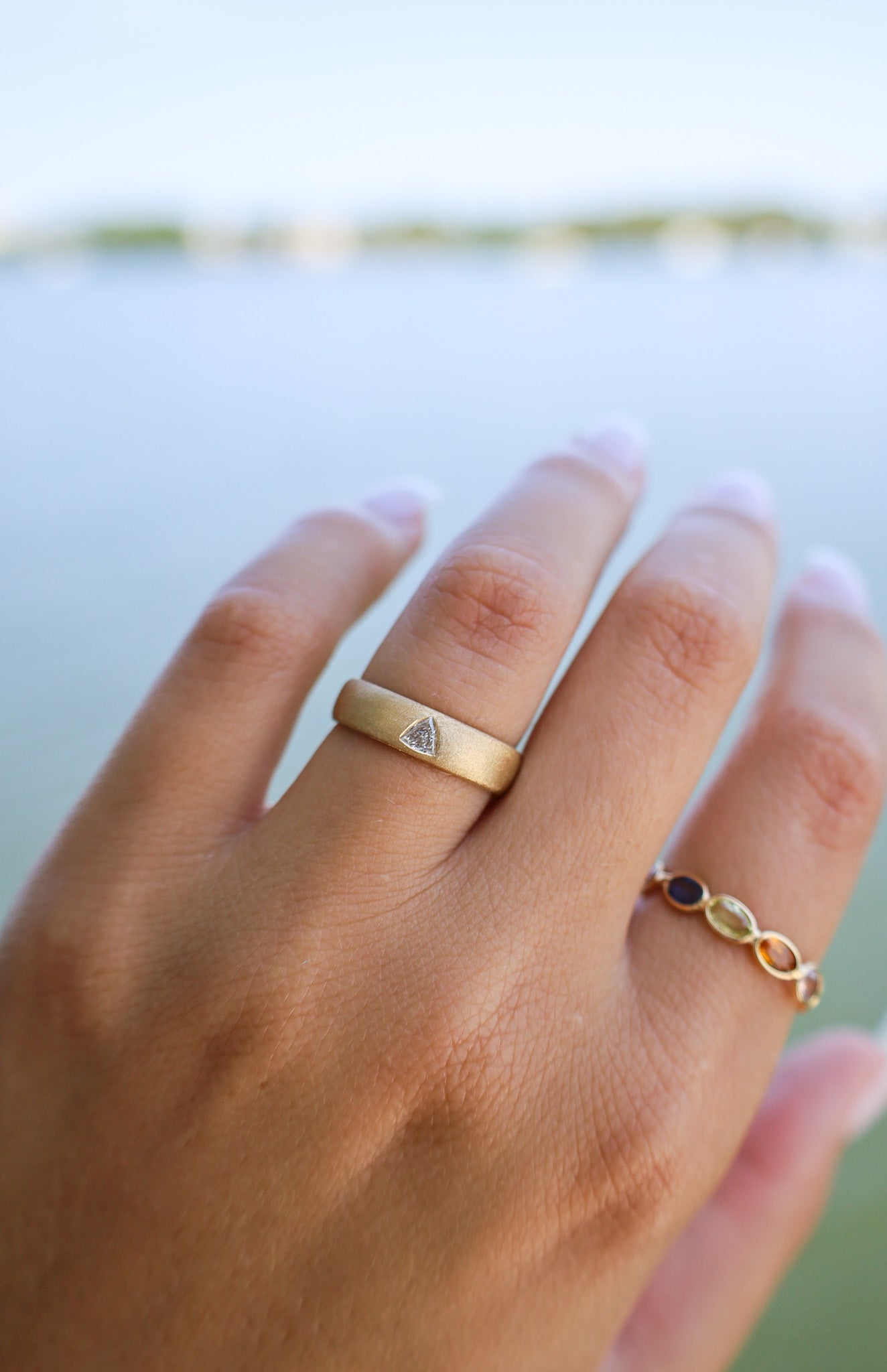 Brushed Gold Trillion Shaped Diamond Ring