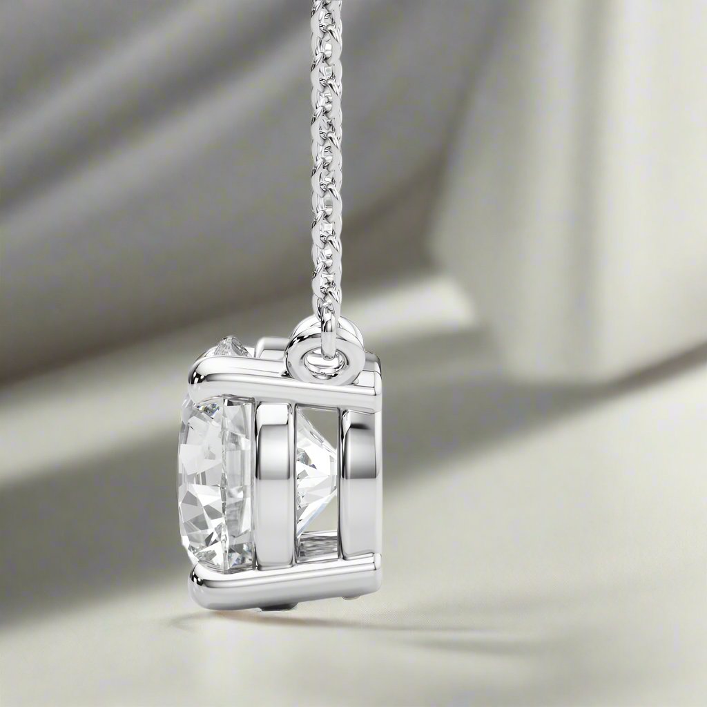 white gold solitaire diamond necklace side view