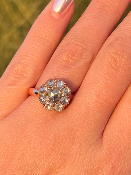 Close-up of a hand wearing a decorative ring with a gemstone.
