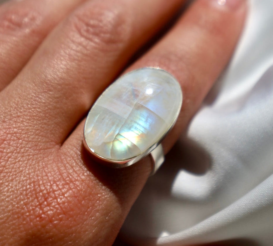 Silver Rainbow Moonstone Ring