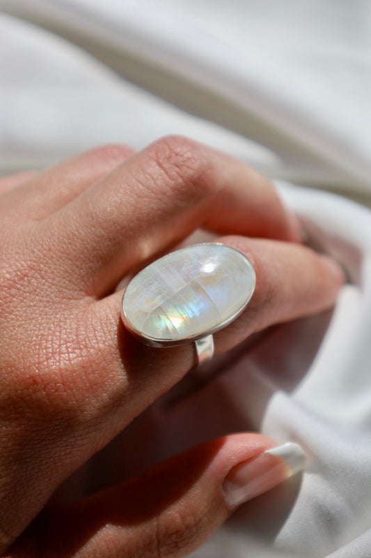Silver Rainbow Moonstone Ring