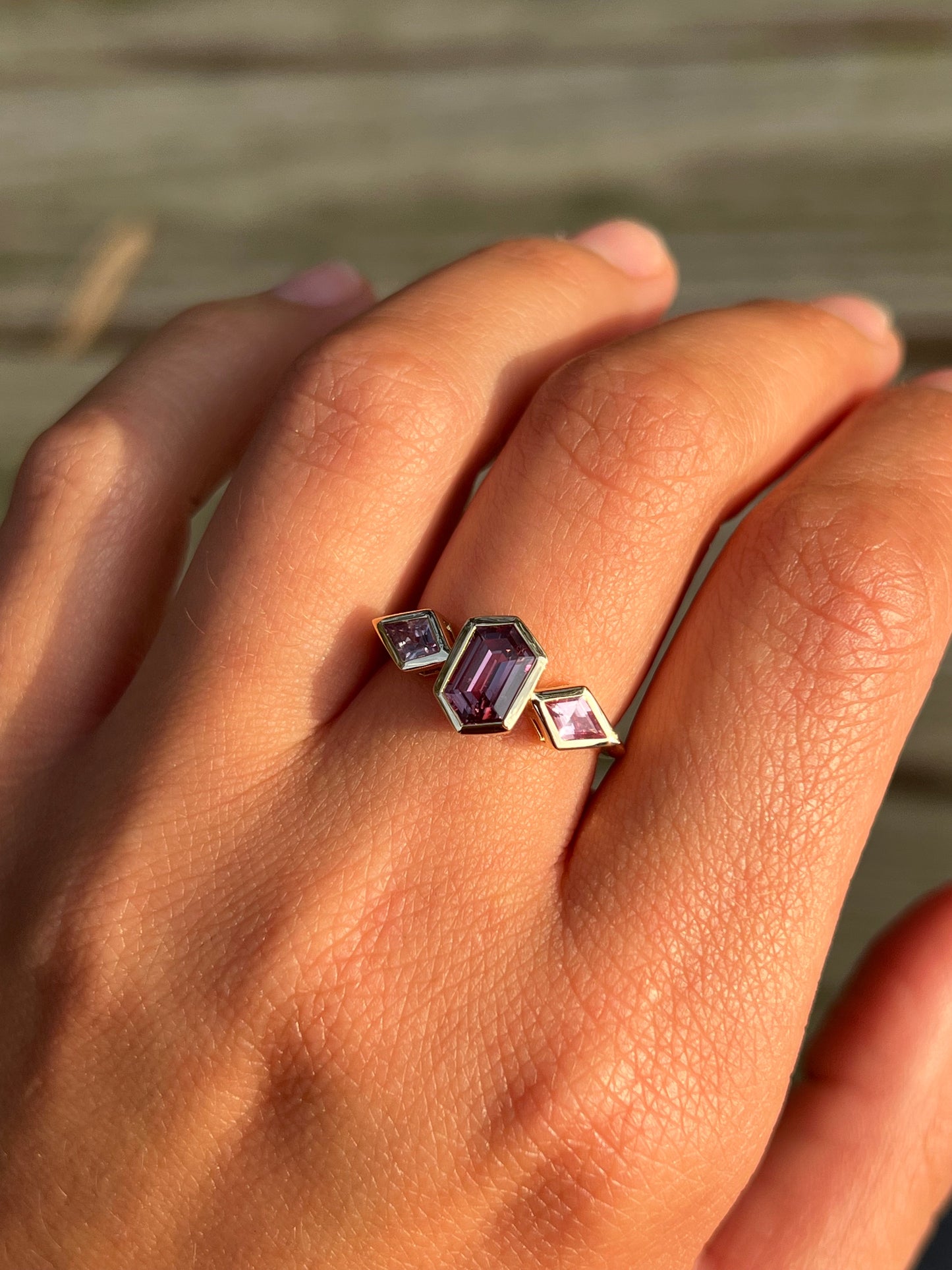 Purple Sapphire Hexagonal Ring with Kite Side Stones