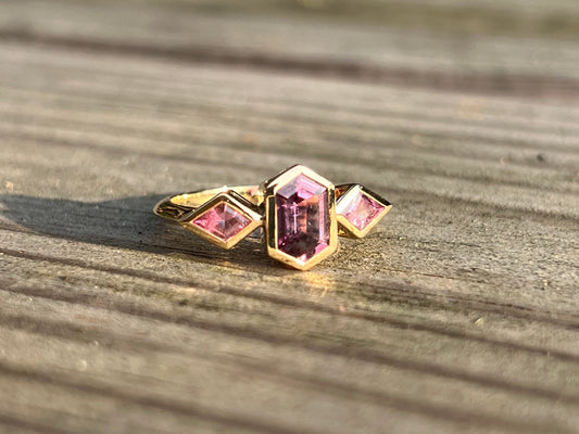 Purple Sapphire Hexagonal Ring with Kite Side Stones