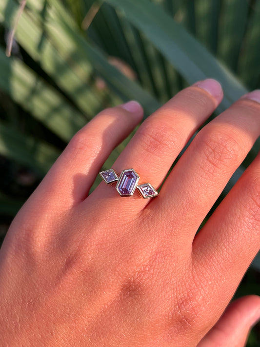 Purple Hexagonal Sapphire Ring with Kite Shaped Side Stones