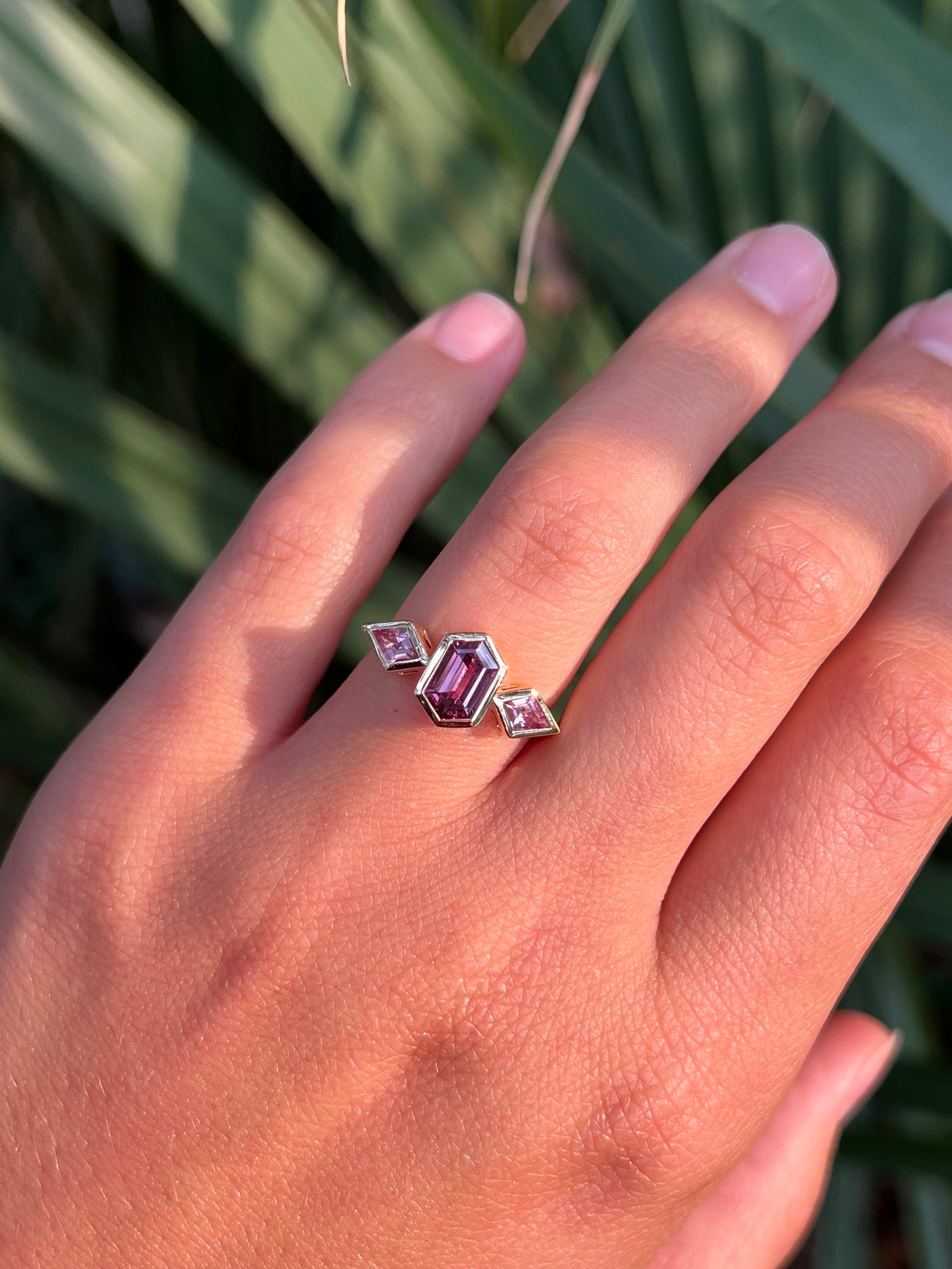 Purple Sapphire Hexagonal Ring with Kite Side Stones
