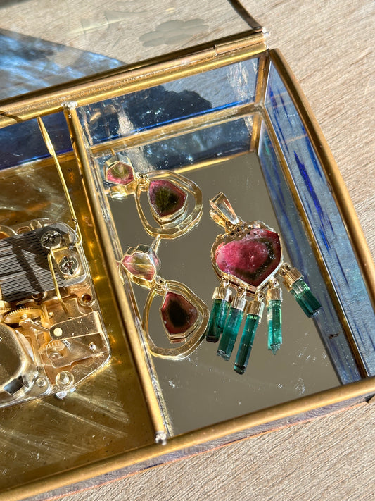 Watermelon Tourmaline Earrings and Necklace in Jewelry box