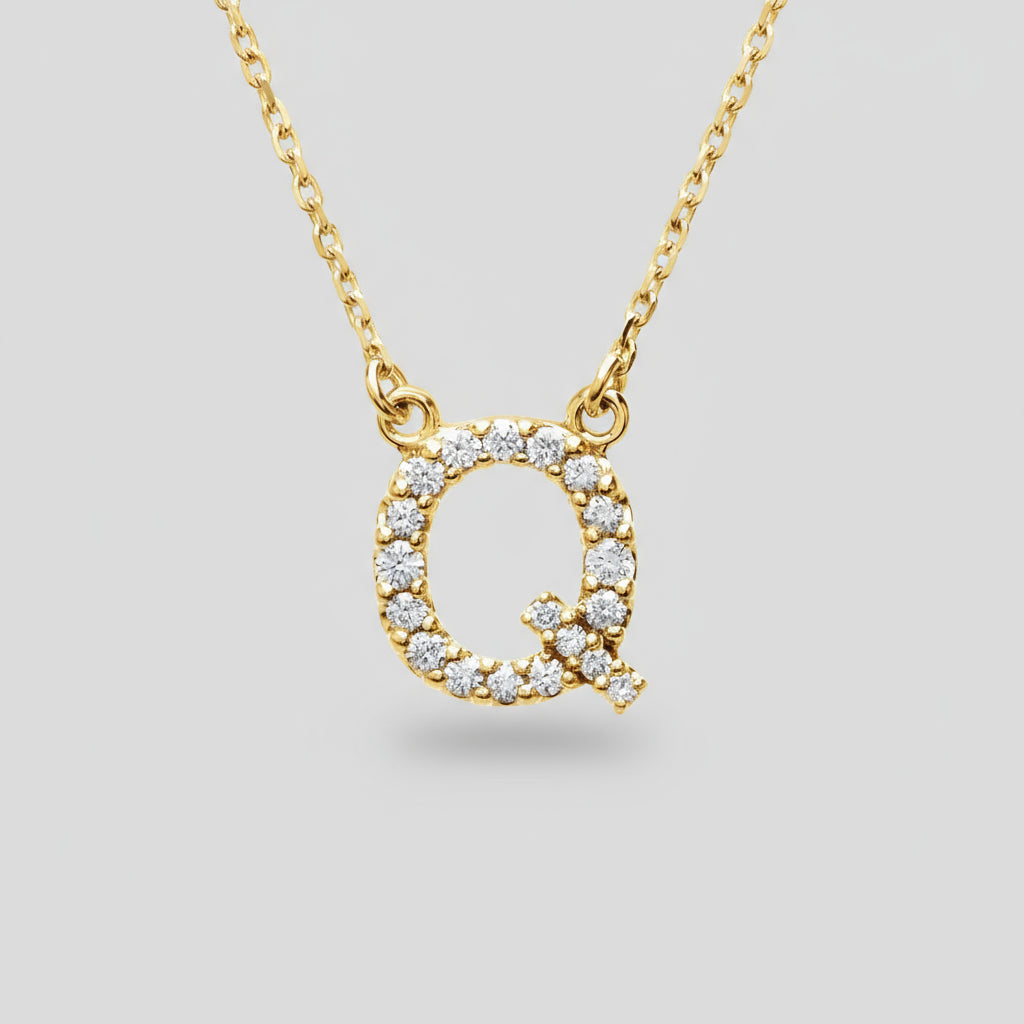 14K Yellow Gold Diamond Initial Pendant Letter "Q"