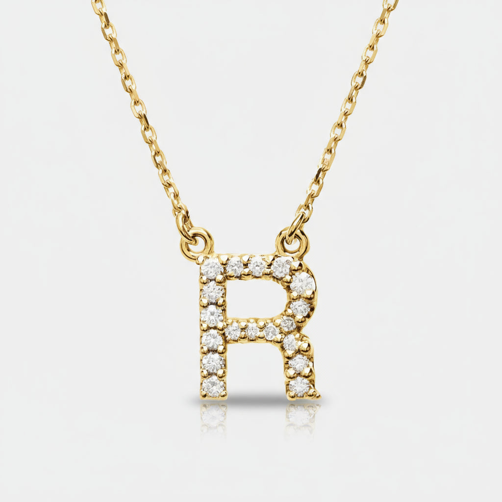 14K Yellow Gold Diamond Initial Pendant Letter "R"