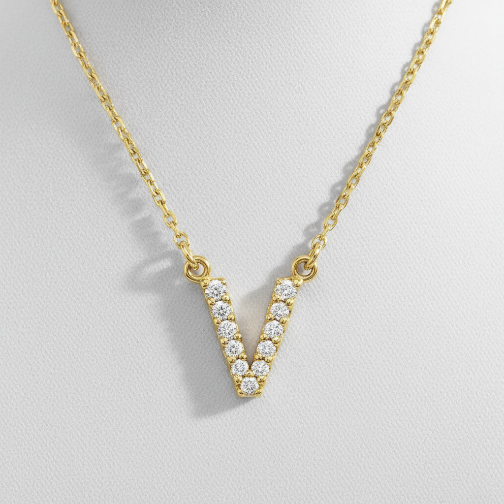 14K Yellow Gold Diamond Initial Pendant Letter "V"