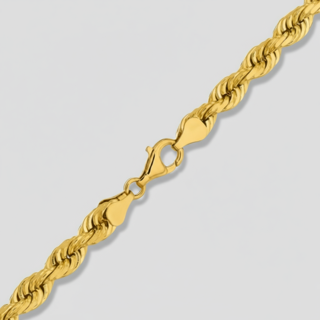 A gold rope chain necklace with a clasp, displayed against a neutral background with a blurred greenery in the top right corner.