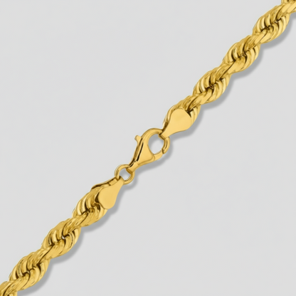 A gold rope chain necklace with a clasp, displayed against a neutral background with a blurred greenery in the top right corner.