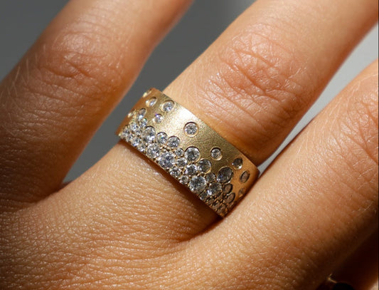 A gold band ring with scattered diamonds, set on a woman's finger.