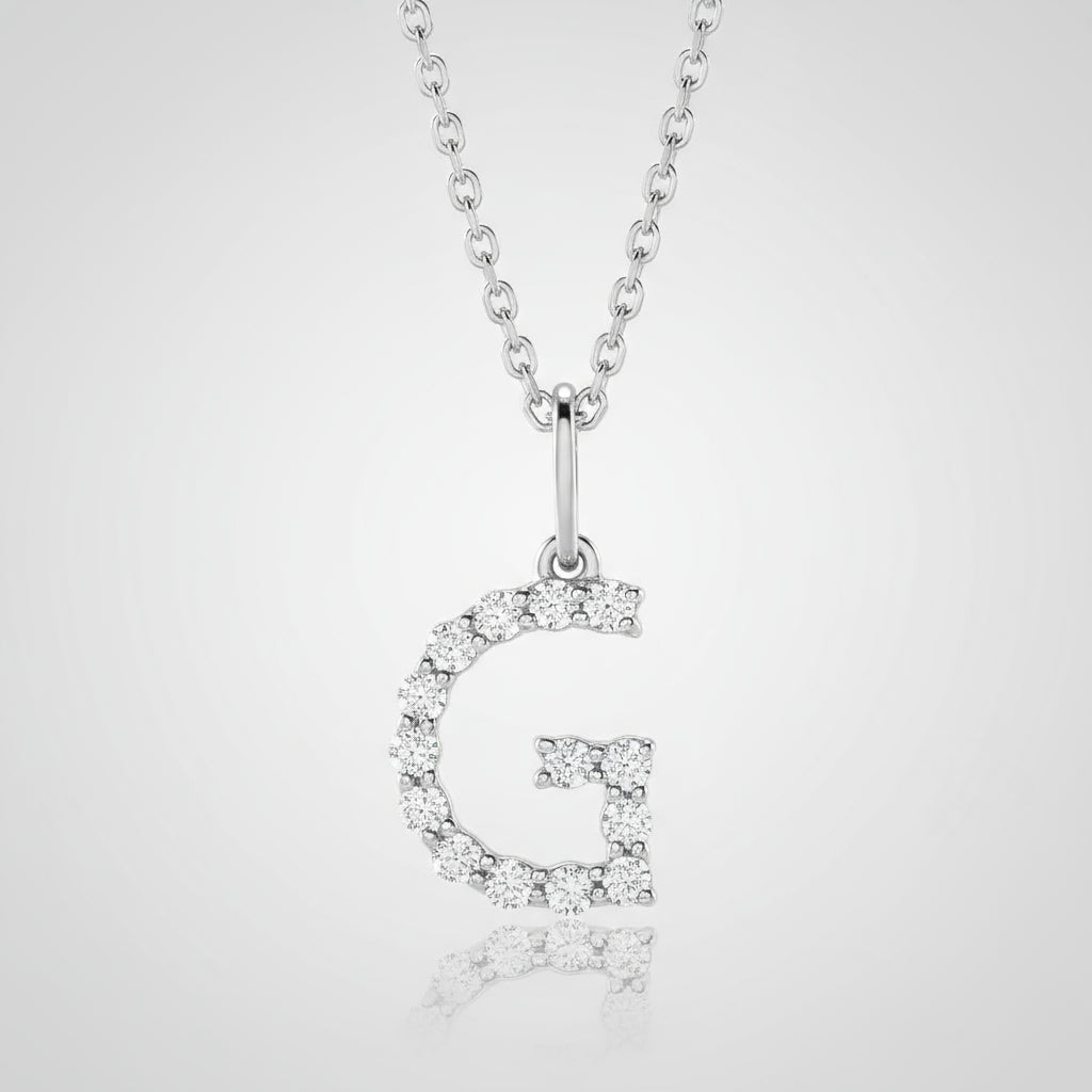 Silver necklace with a letter 'G' pendant on a beige background
