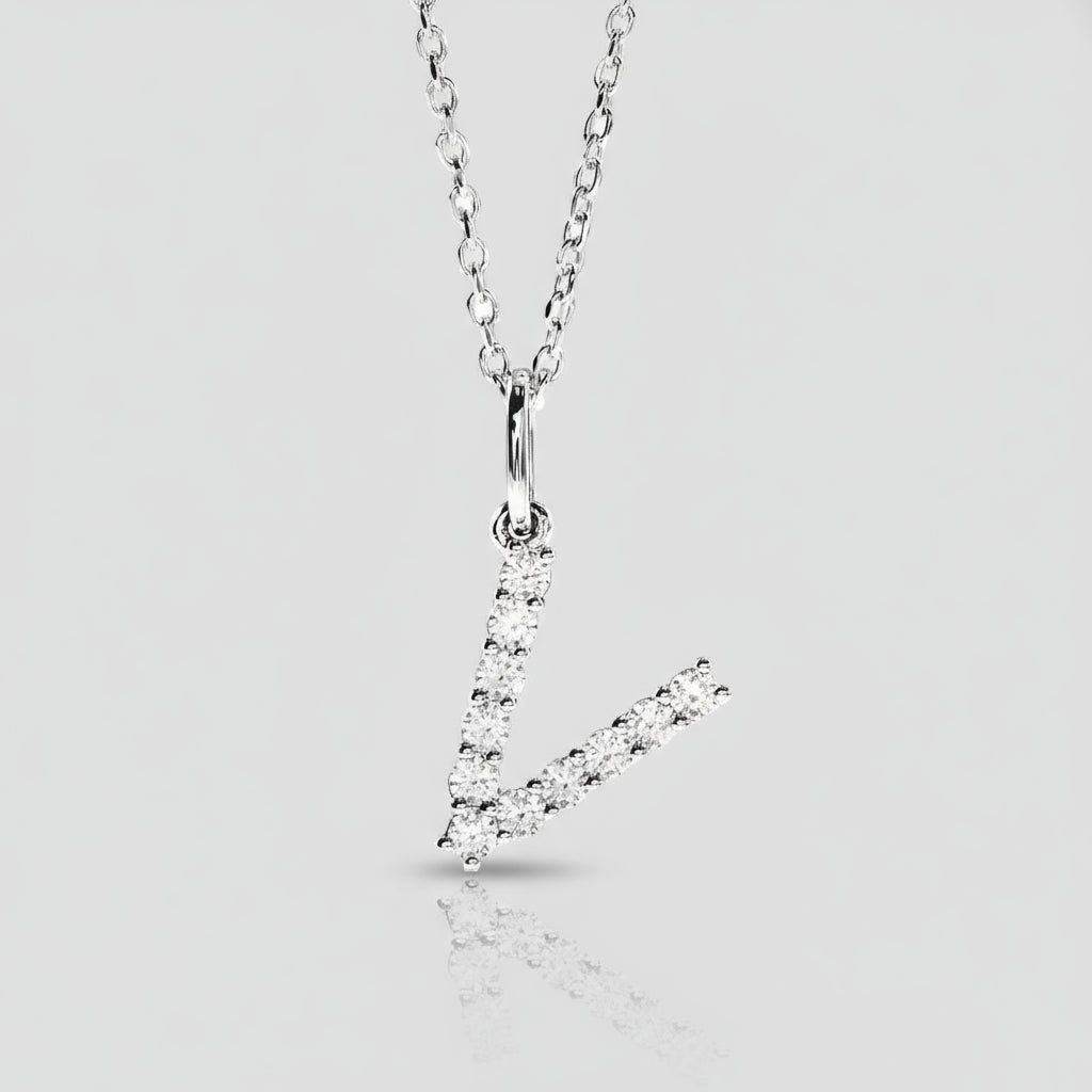 Letter "V" Lab Grown Diamond Initial Pendant 14K White Gold