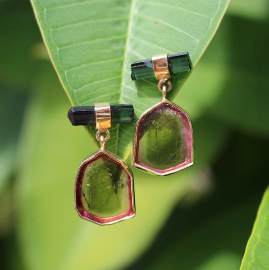 Hexagonal green tourmaline earrings on a leaf with a blurred green background