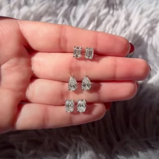 Fancy Shaped Lab Grown Diamond Studs in 14K White Gold, Emerald Cut, Pear Shaped, Oval Cut
