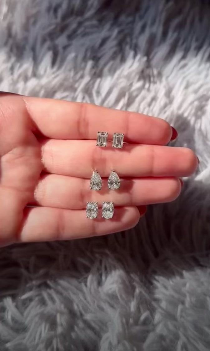 Fancy Shaped Lab Grown Diamond Studs in 14K White Gold, Emerald Cut, Pear Shaped, Oval Cut