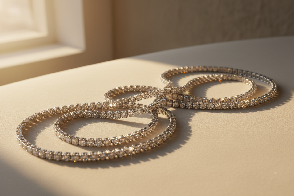 tennis bracelets laid out nicely on a neutral surface sparkling in the warm sunlight
