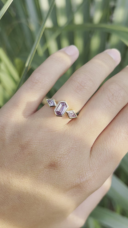 Purple Hexagonal Sapphire Ring with Kite Shaped Side Stones