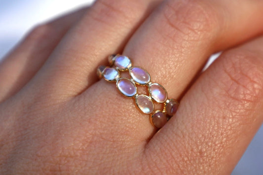 An image of a double 14K yellow gold band bezel set with moonstone cabochons