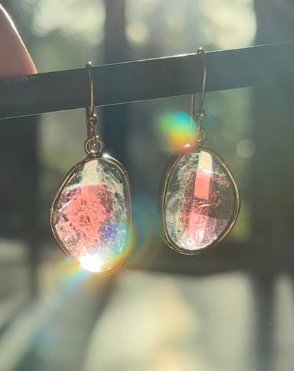 Earrings with colorful, iridescent stones hanging on a black rod with a blurred natural background.